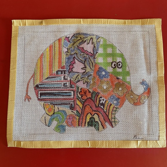 Other - Vintage Elephant Colorful Patchwork Hand Painted Needlepoint Canvas Unworked